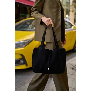 Siyah Süet Kadın Yumuşak Süet Püskül Detay El ve Omuz Çantası