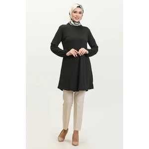 Sefa Merve Sade Kol Ucu Lastikli Krep Tunik 8709-02 Siyah