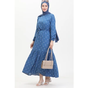 Sefa Merve Çapa Desen Kuşaklı Elbise 0461-02 Indigo