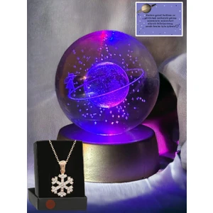 Satürn Temalı Işıklı 3D LED Işıklı Cam Küre ve Kar Tanesi Kolye