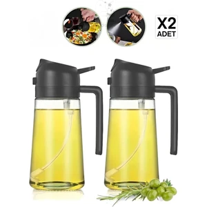 2 Adet Çift Fonksiyonlu Cam Yağdanlık 450ML Zeytinyağı Sıvıyağ Şişe Gri Airfryer Sprey Yağlık Sirkelik