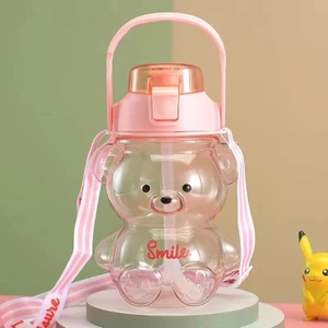 Smile Ayıcık Model Su Matarası Su Şişesi Suluk 1000ML Bpa Içermez Suluk 3D Sticker Hediye
