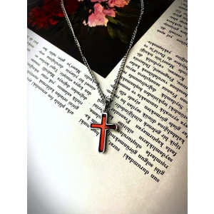 Gümüş Kaplama Kırmızı Mineli Gotik Haç Kolye