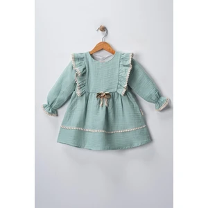 Pio Kids Pamuk  Rahat Uzun Kollu,broş ve Dantel Detaylı Müslin 6-24 Ay Kız Çocuk Bebek Elbisesi