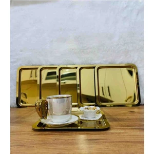 6 Adet Lüx Kare Gold Paslanmaz Çelik 21 cm Kahve, Çay, Servis Tepsisi