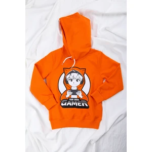 Rahat Kesim Kapüşonlu Gamer Baskılı Sweatshirt Turuncu