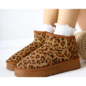 Leopar Süet Içi Kürklü Tüylü Kalın Taban Kadın Bot Uggg