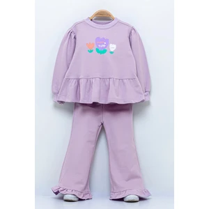 Kışlık Pamuklu Çiçek Desenli Sweatshirt Eşofman Alt-Üst Takım Kız Çocuk