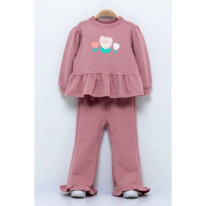 Kışlık Pamuklu Çiçek Desenli Sweatshirt Eşofman Alt-Üst Takım Kız Çocuk