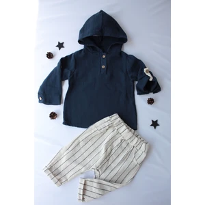 Pio Kids %100 Pamuk Keten Müslin Katlanabilir Kollu Kapüşonlu Jogger Alt 6-24 Ay Erkek Bebek Çocuk Takım