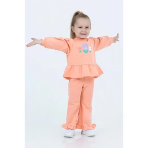 Kışlık Pamuklu Çiçek Desenli Sweatshirt Eşofman Alt-Üst Takım Kız Çocuk