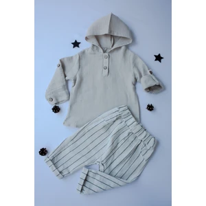 Pio Kids %100 Pamuk Keten Müslin Katlanabilir Kollu Kapüşonlu Jogger Alt 6-24 Ay Erkek Bebek Çocuk Takım