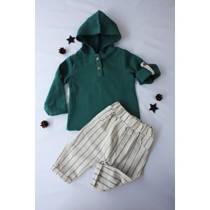 Pio Kids %100 Pamuk Keten Müslin Katlanabilir Kollu Kapüşonlu Jogger Alt 6-24 Ay Erkek Bebek Çocuk Takım