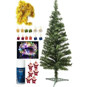 110 cm Yılbaşı Çam Ağaç Seti 5 Metre Peri LED Işıklı ve Yılbaşı Süsleri Paketi, Kar Spreyi