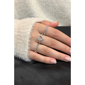 Trend Collection Zirkon Taşlı Gümüş Ayarlanabilir Kalp, Zincir, Yaprak Taç 3'lü Kadın Yüzük Seti