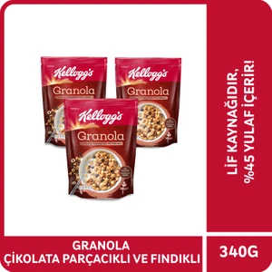 Granola Çikolata Parçacıklı ve Fındıklı 340 G x 3 Adet, %45 Yulaf Ezmesi, Lif Kaynağı Kahvaltılık Gevrek