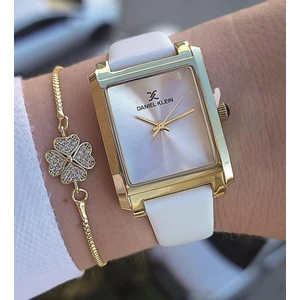 Daniel Klein Beyaz Deri Kayışlı Altın Sarısı Dikdörtgen Kasa Kadın Kol Saati, Taşlı Bileklik Hediyeli