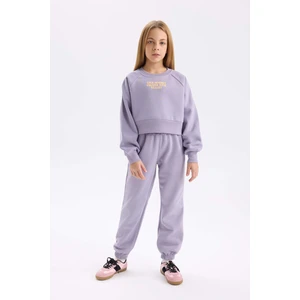 Kız Çocuk 2'li Takım Bisiklet Yaka Baskılı Sweatshirt Beli Paçası Lastikli Jogger Eşofman Altı D4873A824WN