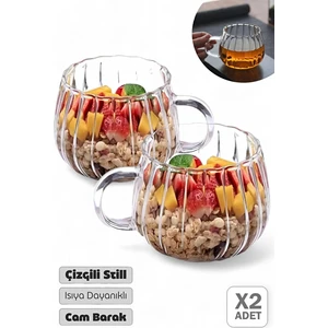 2'li Çizgili Still Cam Bardak 250 ml Isıya Dayanıklı Kahve Sunum Bardağı Kupa Kulplu Çay Fincanı