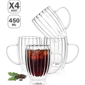 4'lü Çift Cidarlı 450 ml Kulplu Isıya Dayanıklı Cam Bardak Burgulu Çay Süt Kahve Kupası Bardağı Set