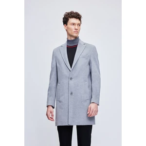 Gri Slim Fit Ceket Yaka Yünlü Kaşe Palto