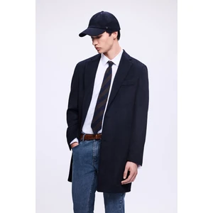 Lacivert Slim Fit Ceket Yaka Yünlü Kaşe Palto