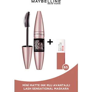 Maybelline New York Lash Sensational Yelpaze Etkili Intense Black Maskara - Ekstra Siyah + Mini Matte Ink Likit Mat Ruj - 65 Seductress