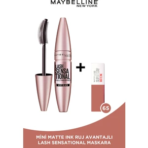Maybelline New York Lash Sensational Yelpaze Etkili Siyah Maskara + Mini Matte Ink Likit Mat Ruj - 65 Seductress