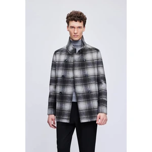 Siyah Slim Fit Hakim Yaka Kruvaze Yünlü Kaşe Kaban