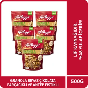 Granola Beyaz Çikolata Parçacıklı ve Antep Fıstıklı 500 G x5 Adet,Avantajlı Paket, %46 Yulaf Ezmesi,Lif Kaynağı Kahvaltılık Gevrek