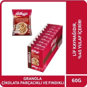 Granola Çikolata Parçacıklı ve Fındıklı 60 G x 10 Adet, 44% Yulaf Ezmesi,Lif Kaynağı Kahvaltılık Gevrek