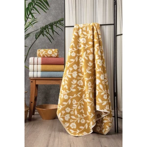 Çiçek Desenli Hardal Banyo Havlusu - Yüksek Su Emici & Yumuşak & İpliği Boyalı - 90X150 cm - %100 Pamuk