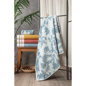 Desenli %100 Pamuk Banyo Havlusu - Yüksek Su Emici & Yumuşak - 90X150 cm - Ekru & Mavi - İpliği Boyalı