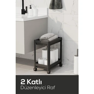 2 Katlı Tekerlekli Düzenleyici Raf - Banyo Dolabı Mutfak Tezgah Ve Evye Altı Düzenleyici Siyah