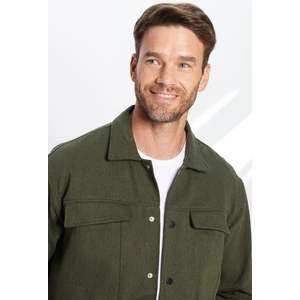 Erkek Relax Fit Rahat Kesim Oduncu Apaş Yaka Çift Cepli Kapaklı Düz Haki Kışlık Gömlek