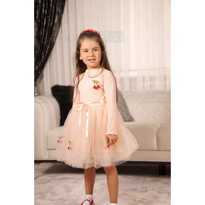 Tüllü Astarlı Pamuklu  Esnek Kirazlı  Kız Bebek Çoçuk Elbise
