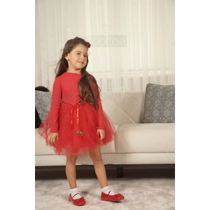 Tüllü Astarlı Pamuklu  Esnek Kirazlı  Kız Bebek Çoçuk Elbise