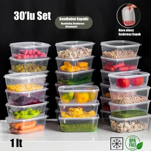 1072 30'lu Buzluk Düzenleyici Saklama Kabı Kendinden Kapaklı Derin Dondurucu Saklama Kabı 1lt Şeffaf