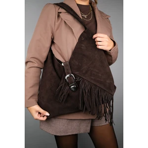 Rosalın Kahve  Süet Deri Püsküllü Kadın Omuz Çantası