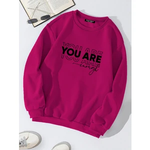 Oversize Bisiklet Yaka Basic You Are Baskılı Sweatshirt - Fuşya