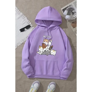 Meow Tatlı Kediler Baskılı Oversize Sweatshirt