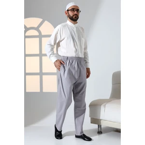 Erkek Rahat Kesim Beli Lastikli Cepli Hac ve Umre Keten Şalvar Pantolon - Gri (Krk)