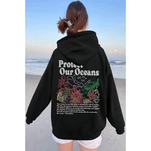 Uygun Tarz Oceans Baskılı Oversize Sweatshirt