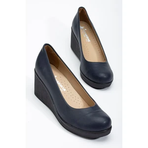 Dilimler Ayakkabı Kadın Dolgu Topuklu Ayakkabı Lacivert Yüzüdüz Cilt