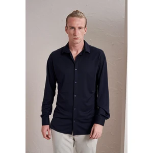 Erkek Lacivert Uzun Kollu Merserize Kagi Slim Fit Gömlek