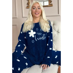 Pijama Evi Lacivert Hello Winter Desenli Kadın Peluş Pijama Takımı