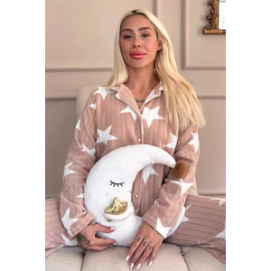 Karamel Yıldız Desenli Önden Düğmeli Peluş Polar Pijama Takımı