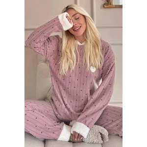Pijama Evi Kahve Heart Magic Desenli Kapşonlu  Peluş Polar Pijama