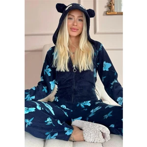Lacivert Palmate Desenli Kadın Polar Peluş Tulum Pijama