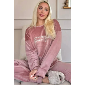 Pijama Evi Pembe Beautiful Desenli Exclusive Kadife Kadın Pijama Takımı 